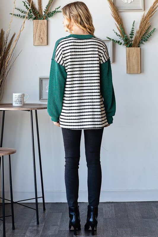 ET7710-10 STRIPE AND SOLID URBAN RIBBED CONTRAST TOP: HUNTER GREEN / 2-2-2 (1X-2X-3X)