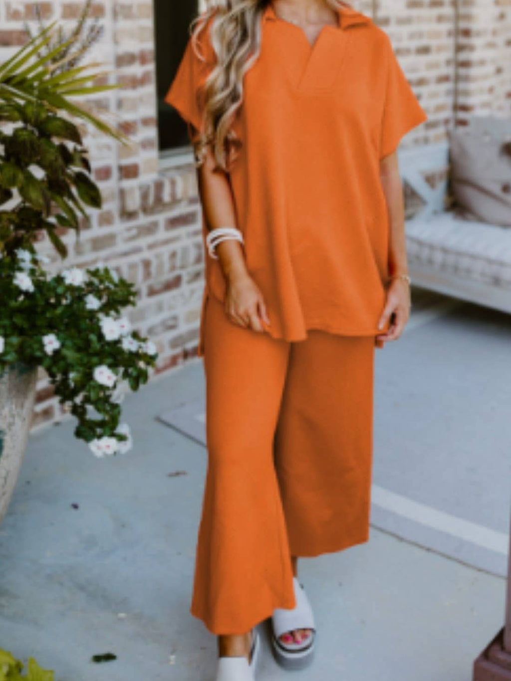 Comfy Stylish Textured V-Neck Top Wide-Leg Pant Set: White / 2XL
