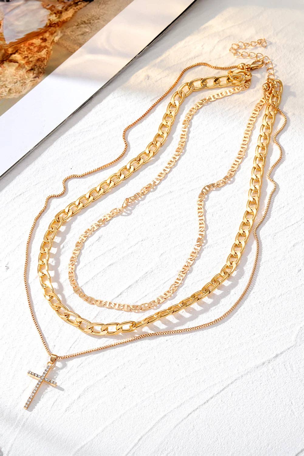 Gold Plated Cross Pendant Multi Layer Stacked Chains Necklace: Gold