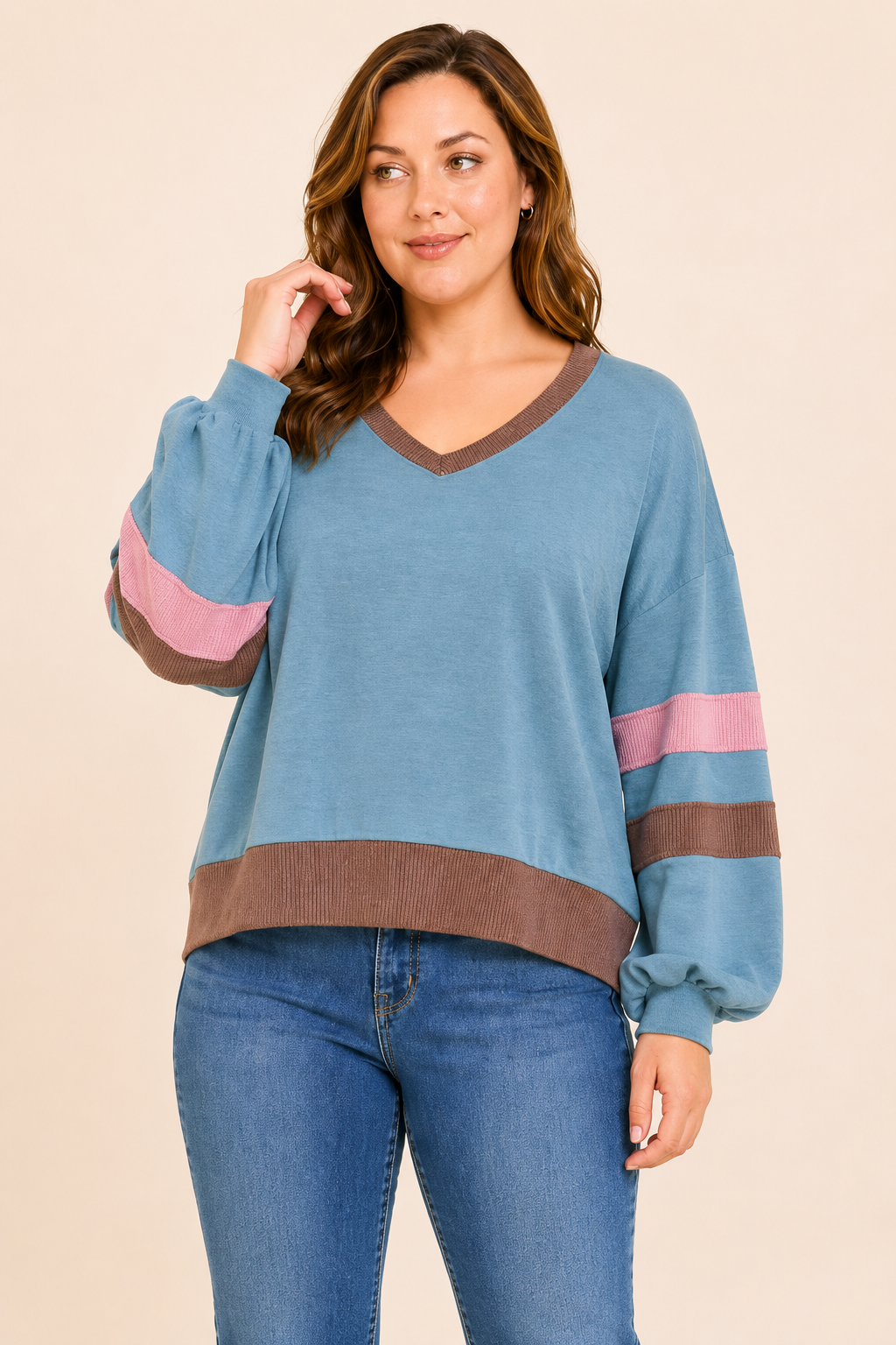 Plus Size Colorblock Stripe V-Neck Knit Pullover: Purple / Plus Size / 3XL