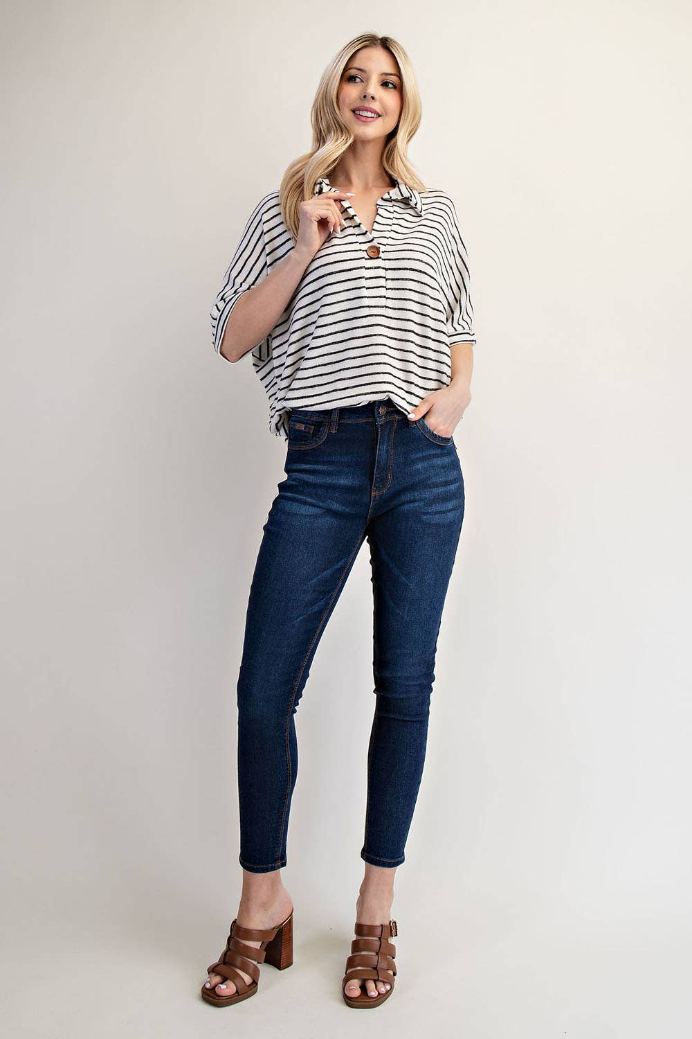 PLUS SIZE STRIPED BUTTON-FRONT COLLARED TOP -CT23913A: Charcoal Stripe / 2XL