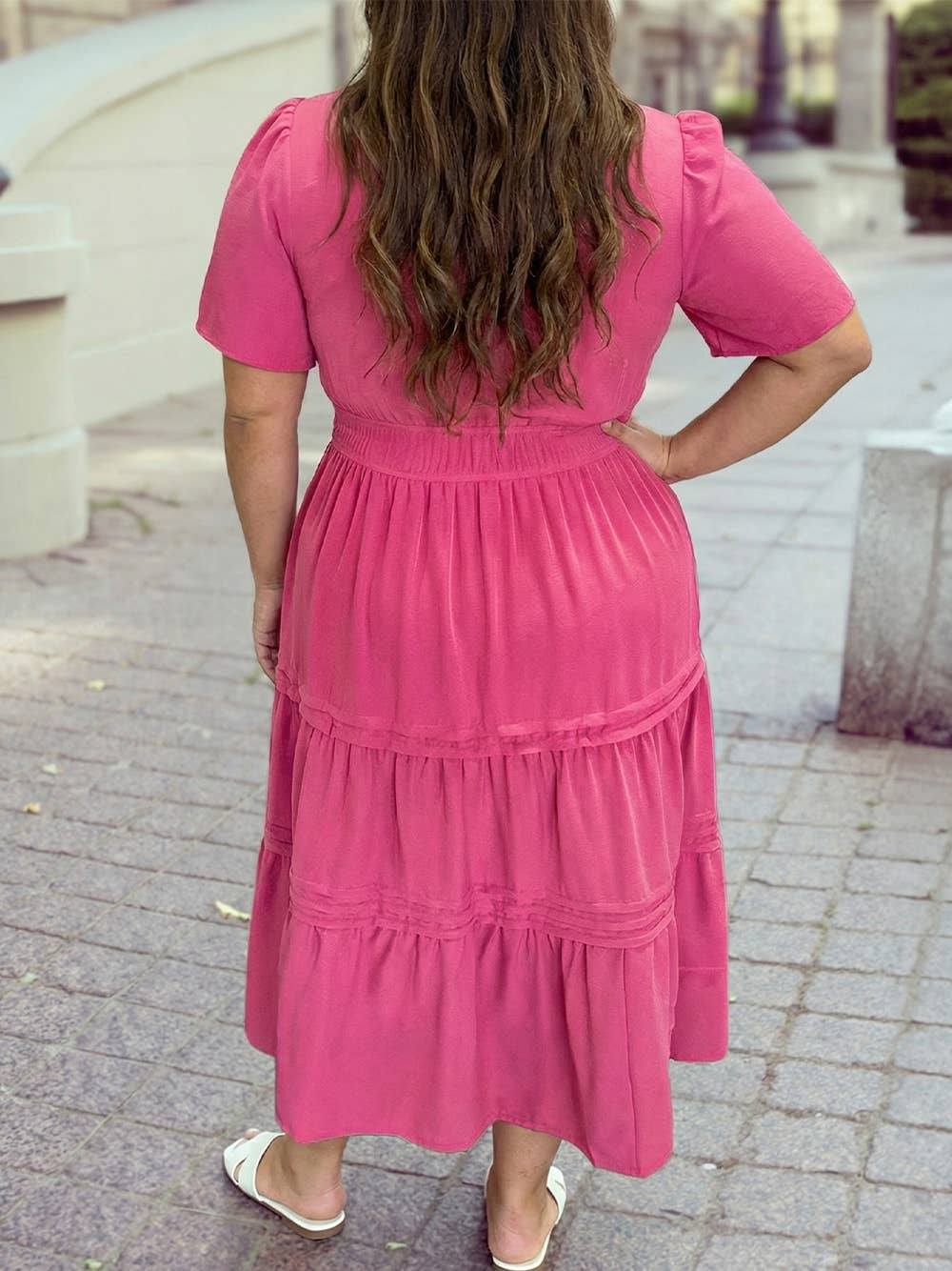 Madi Pink Short Sleeve Flare Tiered Maxi Dress