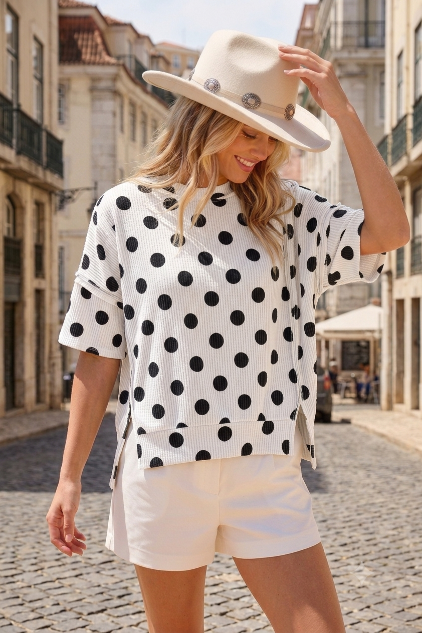 Women’s Plus Polka Dot Rib Top – Relaxed Fit | Made in USA: Burgundy Polka / 2X