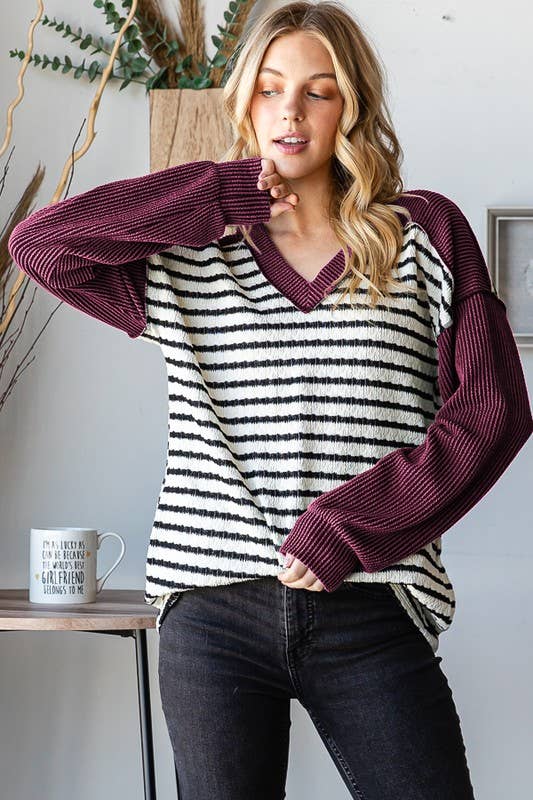 ET7710-10 STRIPE AND SOLID URBAN RIBBED CONTRAST TOP: HUNTER GREEN / 2-2-2 (1X-2X-3X)