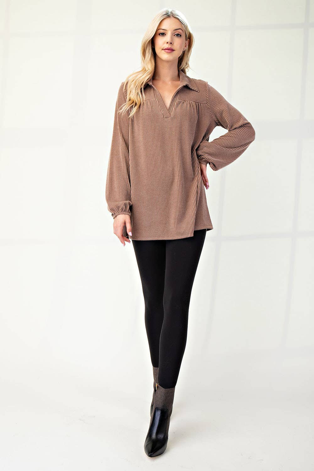 WOMEN'S PLUS SIZE CLASSIC V-NECK  RIB LONG SLEEVE TOP : Green / 3XL