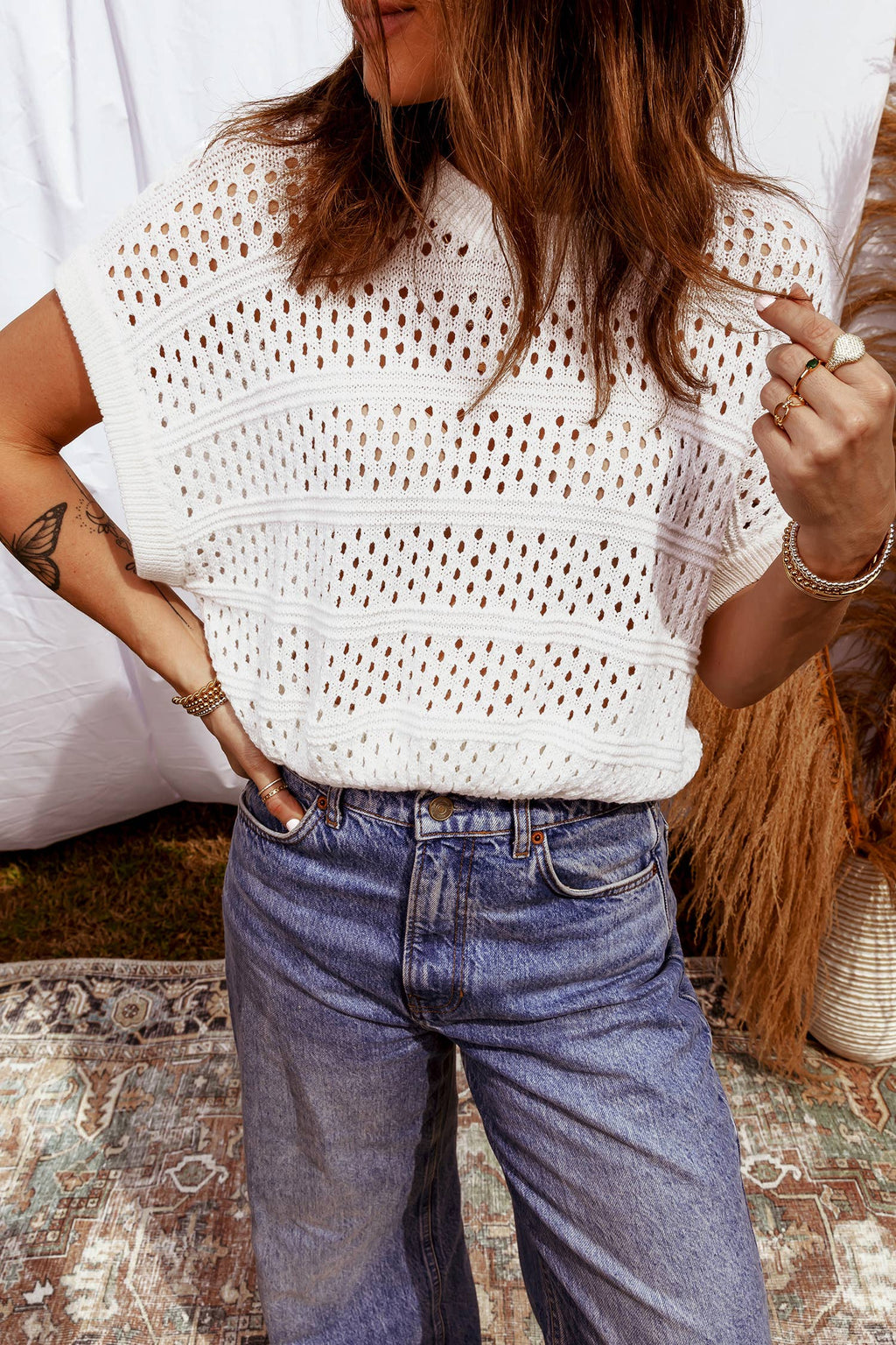 Hollow Out Knit Round Neck Dolman Sweater | S-4X: White / Plus-1X
