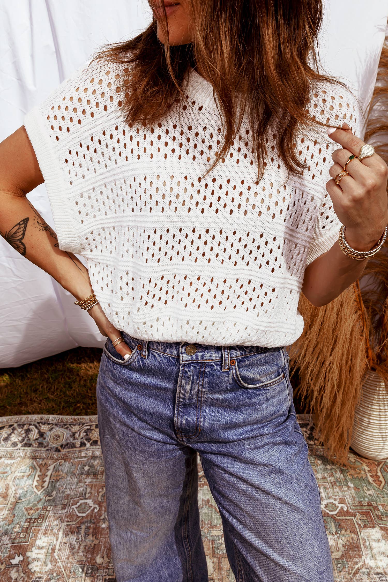 Hollow Out Knit Round Neck Dolman Sweater | S-4X: White / Plus-1X