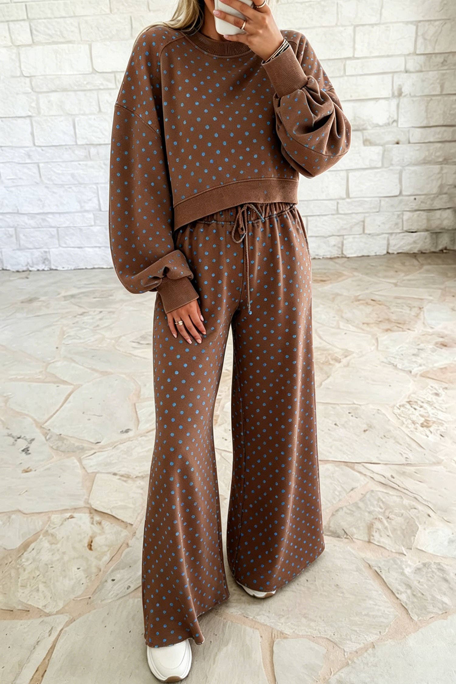 66 Plus Size Polka Dot Drawstring Top and Pants Set (S-4X): Brown / 4X