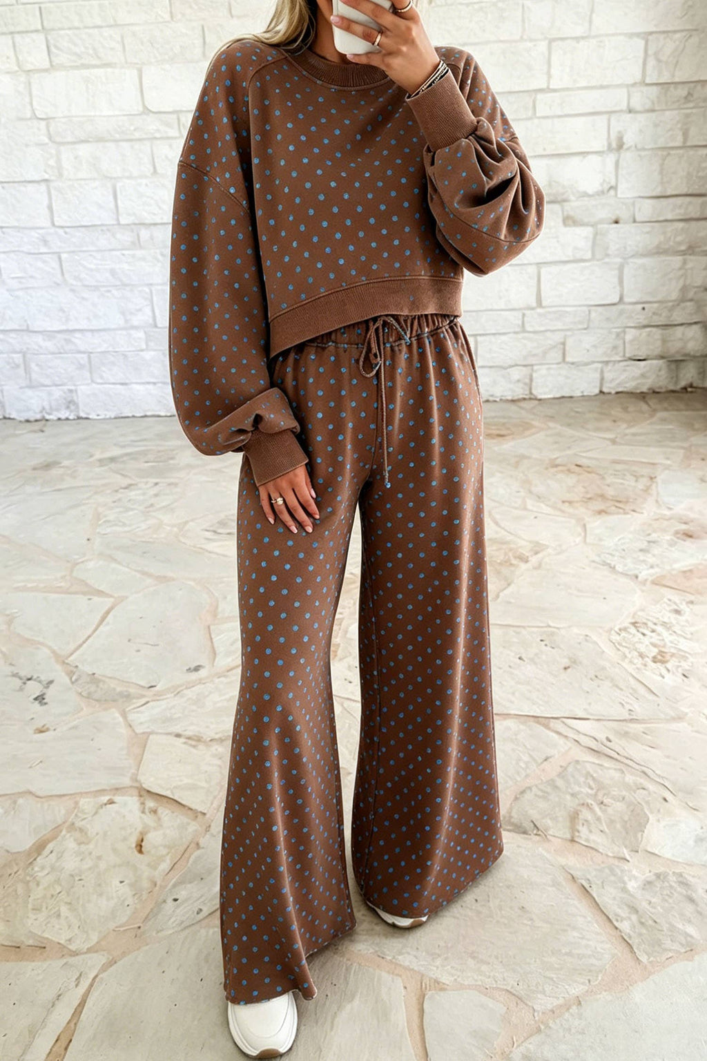 66 Plus Size Polka Dot Drawstring Top and Pants Set (S-4X): Brown / 2X