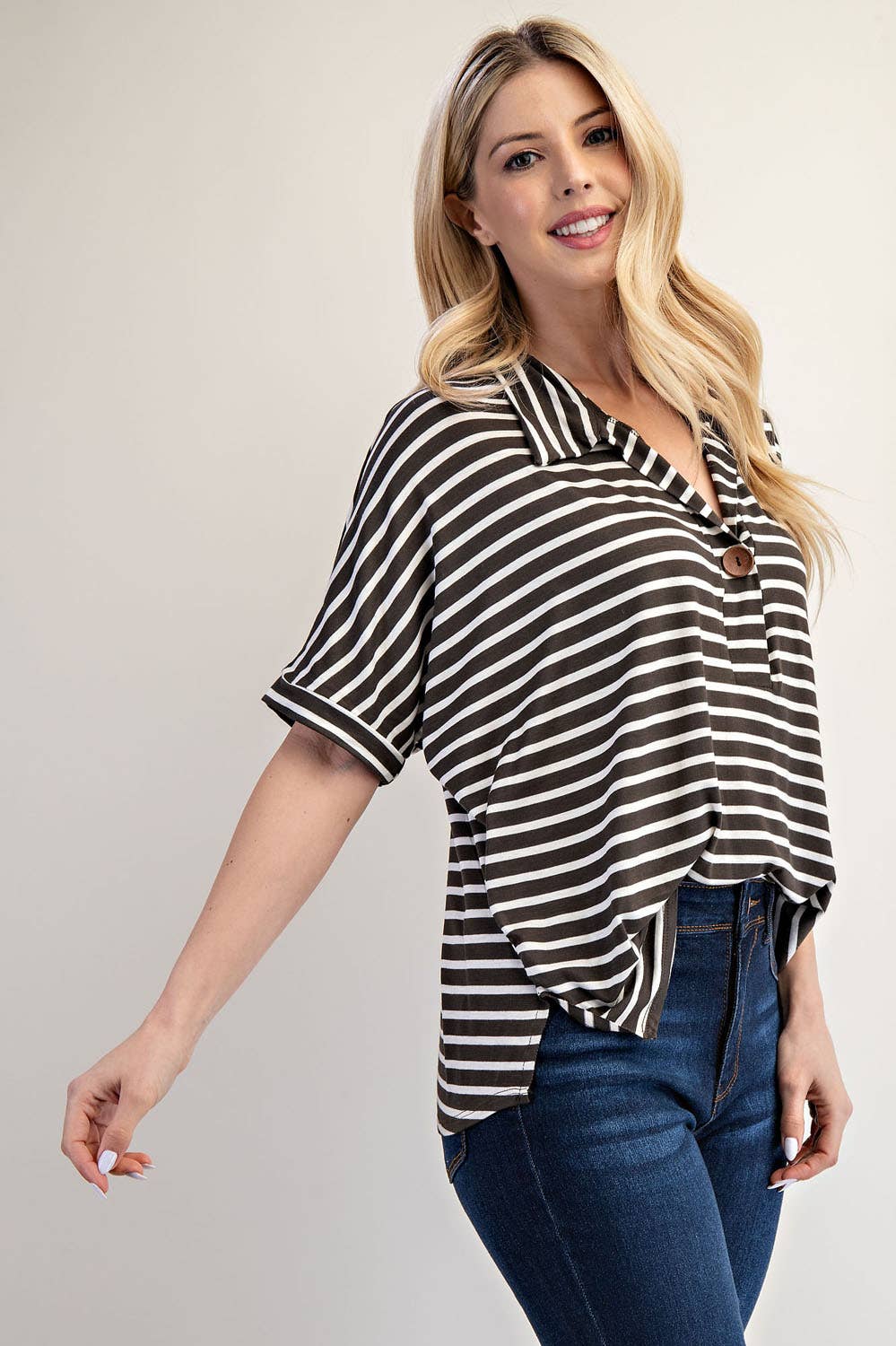 PLUS SIZE STRIPED BUTTON-FRONT COLLARED TOP -CT23913A: Charcoal Stripe / 2XL