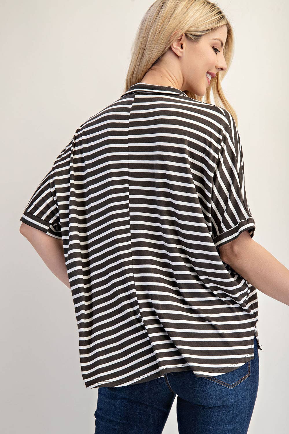 PLUS SIZE STRIPED BUTTON-FRONT COLLARED TOP -CT23913A: Charcoal Stripe / 2XL