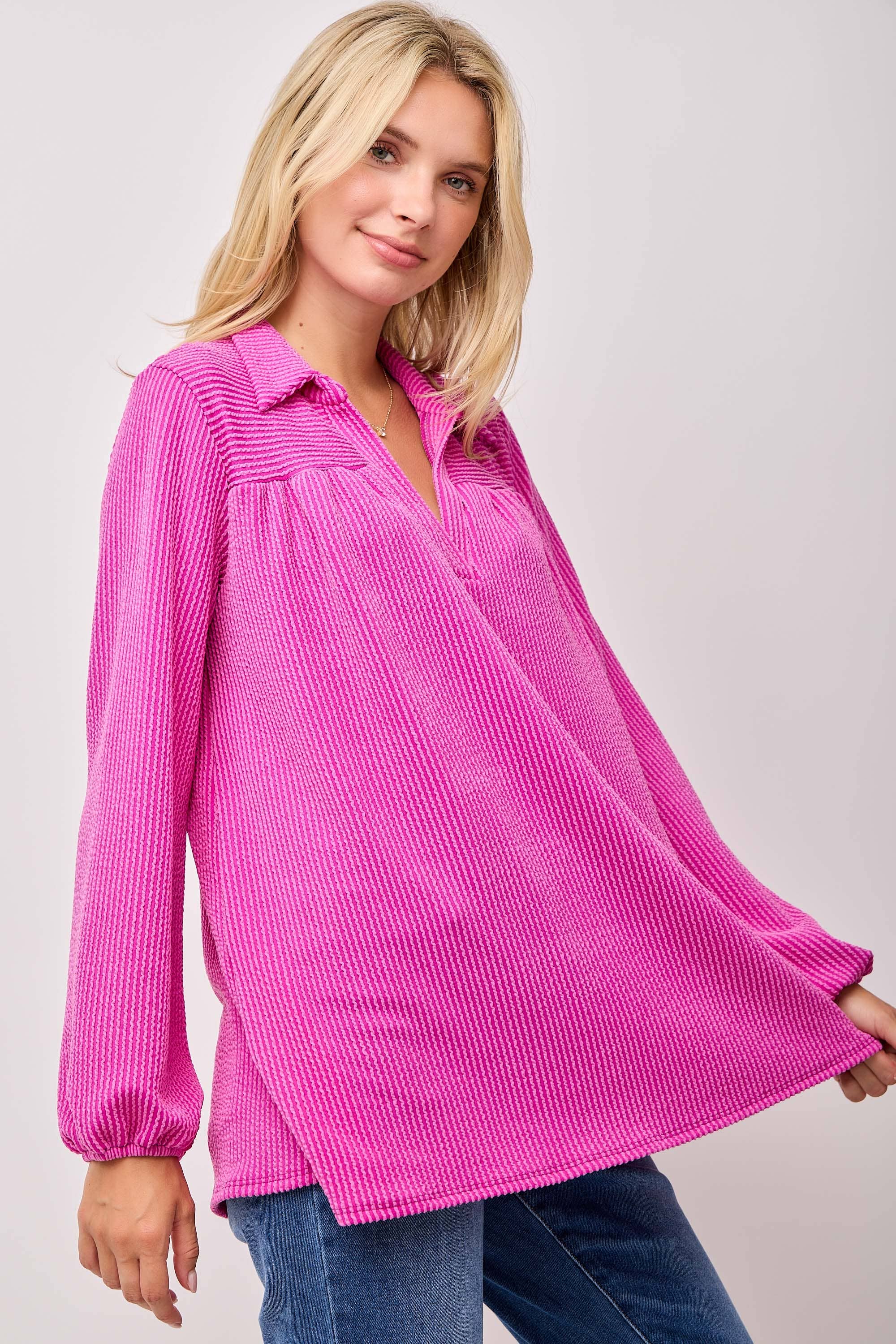 WOMEN'S PLUS SIZE CLASSIC V-NECK  RIB LONG SLEEVE TOP : Green / 3XL