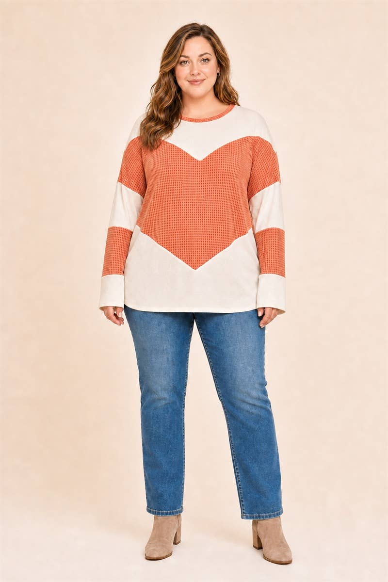 Women's Plus Size Waffle Colorblock Tunic Top : Orange / Plus Size / 3XL