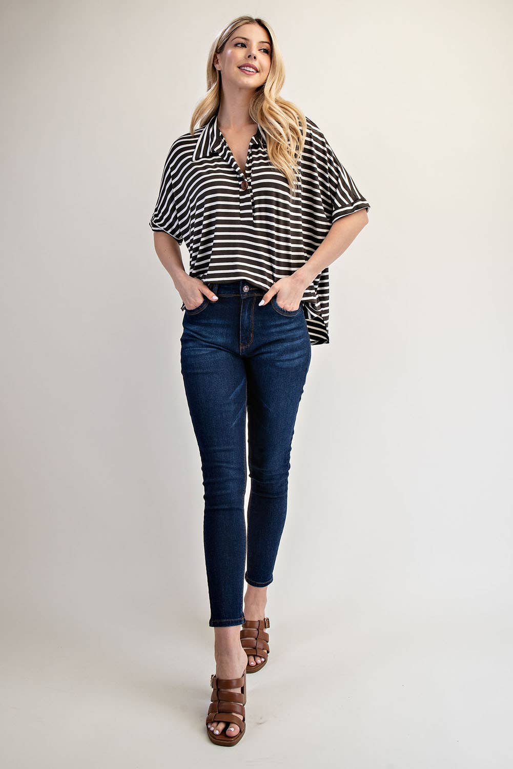 PLUS SIZE STRIPED BUTTON-FRONT COLLARED TOP -CT23913A: Charcoal Stripe / 3XL