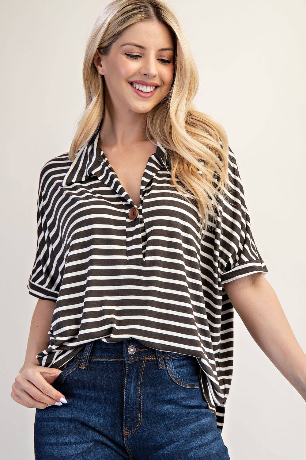 PLUS SIZE STRIPED BUTTON-FRONT COLLARED TOP -CT23913A: Charcoal Stripe / 3XL