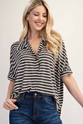 PLUS SIZE STRIPED BUTTON-FRONT COLLARED TOP -CT23913A: Charcoal Stripe / 2XL