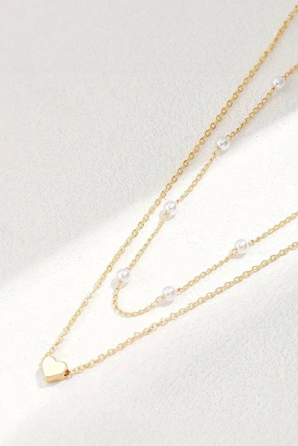Gold Plated Heart and Pearl Detail 2pcs Layered Necklace: Gold