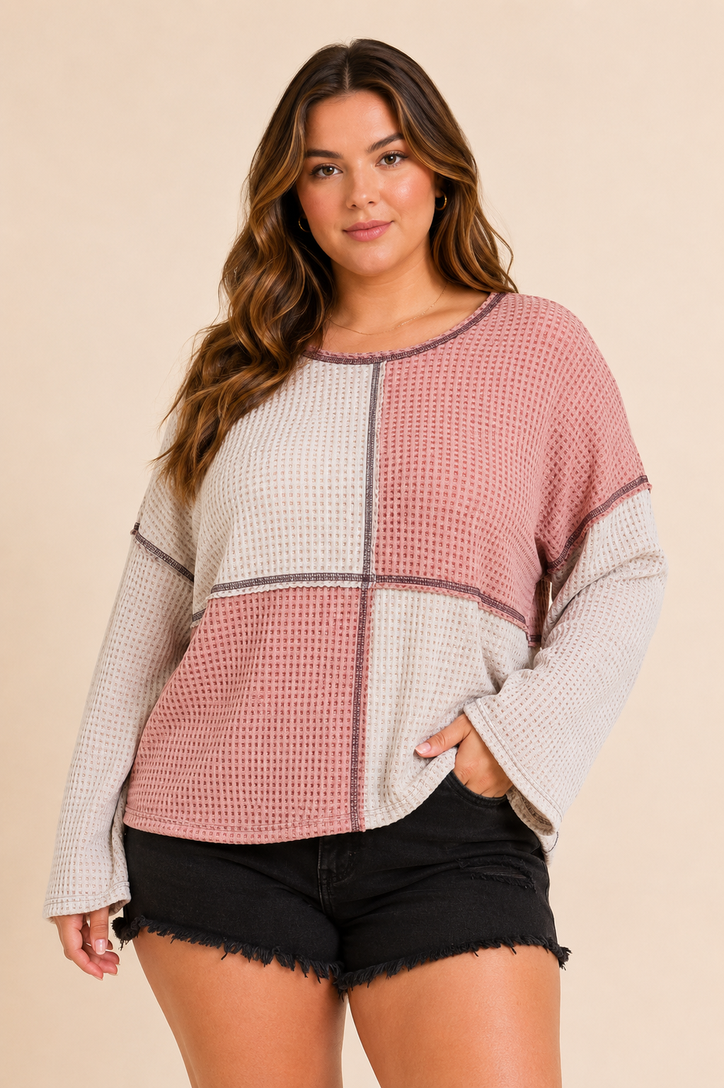 Plus size Color block Waffle Knit Top : BRICK / Plus Size / 2X
