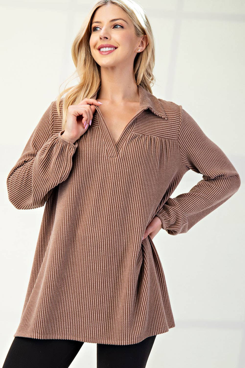 WOMEN'S PLUS SIZE CLASSIC V-NECK  RIB LONG SLEEVE TOP : Green / 1XL