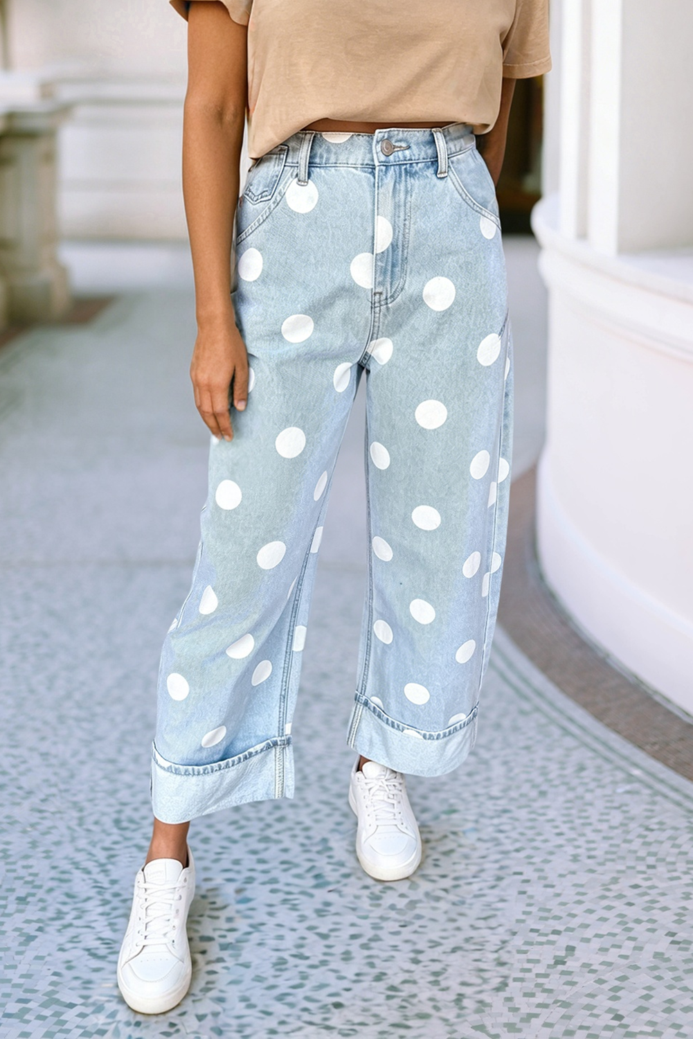 F/W 26 HOT Polka Dot Ankle Length Casual Jeans|S-4X: Sky Blue / Plus-1X