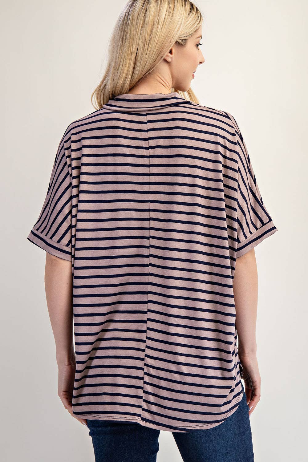PLUS SIZE STRIPED BUTTON-FRONT COLLARED TOP -CT23913A: Charcoal Stripe / 3XL