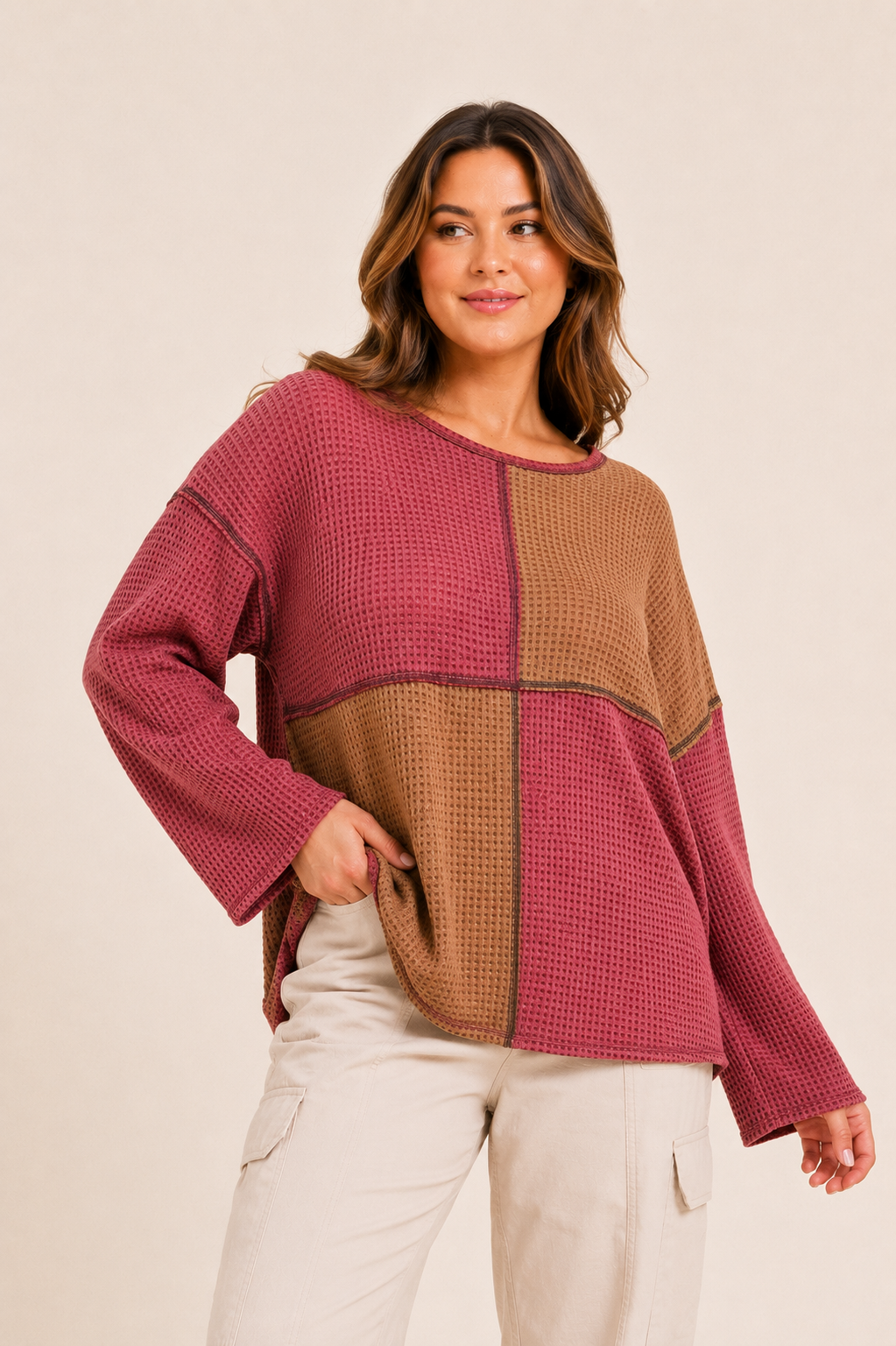 Plus size Color block Waffle Knit Top : BRICK / Plus Size / 2X