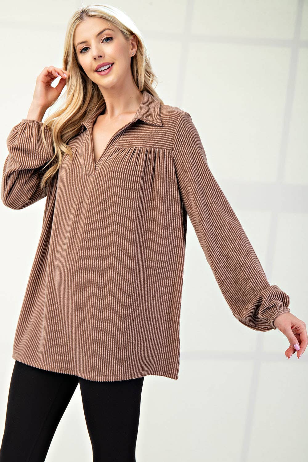 WOMEN'S PLUS SIZE CLASSIC V-NECK  RIB LONG SLEEVE TOP : Green / 2XL