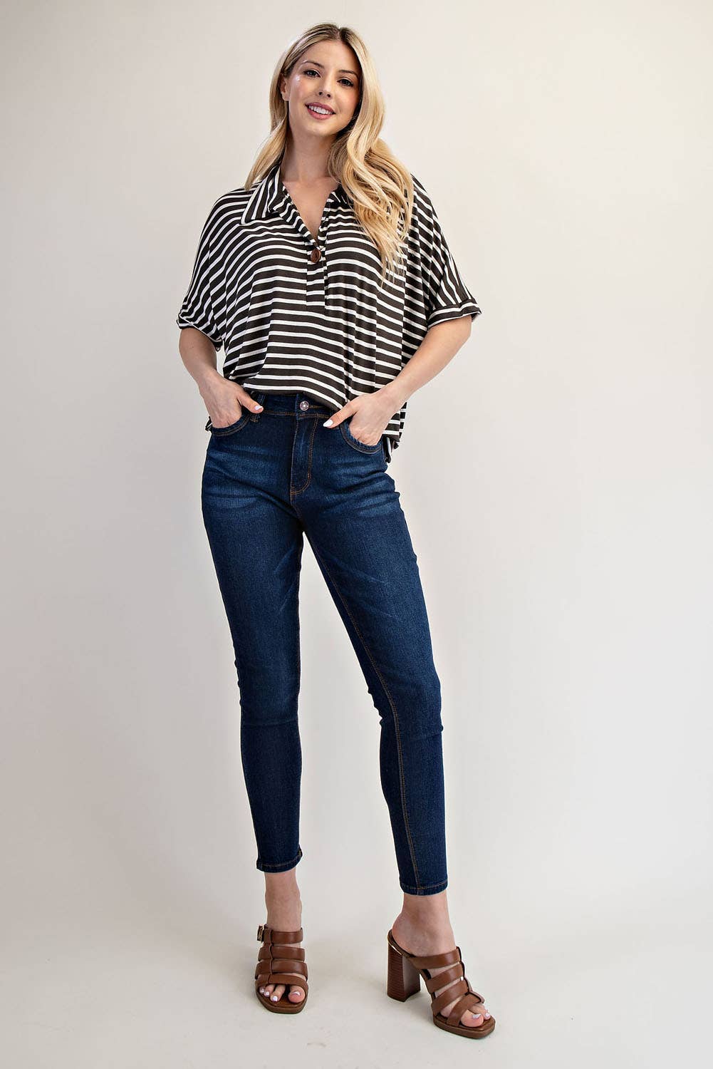 PLUS SIZE STRIPED BUTTON-FRONT COLLARED TOP -CT23913A: Charcoal Stripe / 2XL