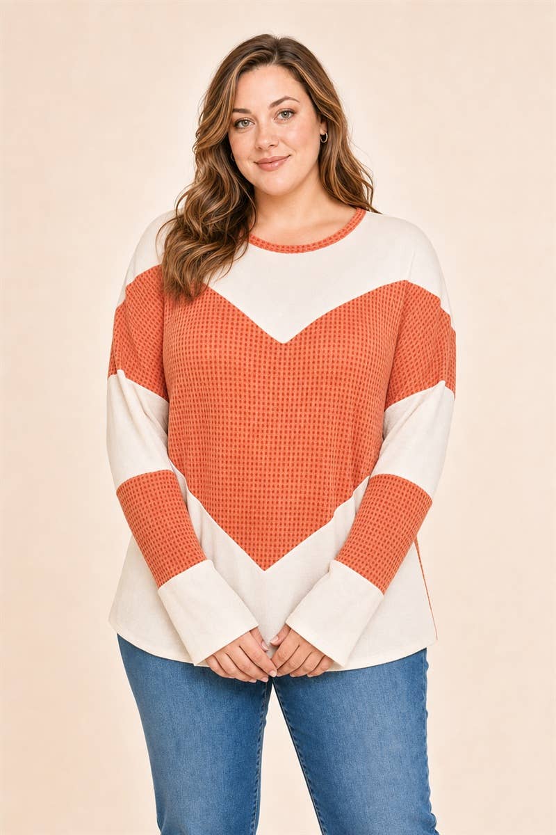 Women's Plus Size Waffle Colorblock Tunic Top : Orange / Plus Size / 3XL