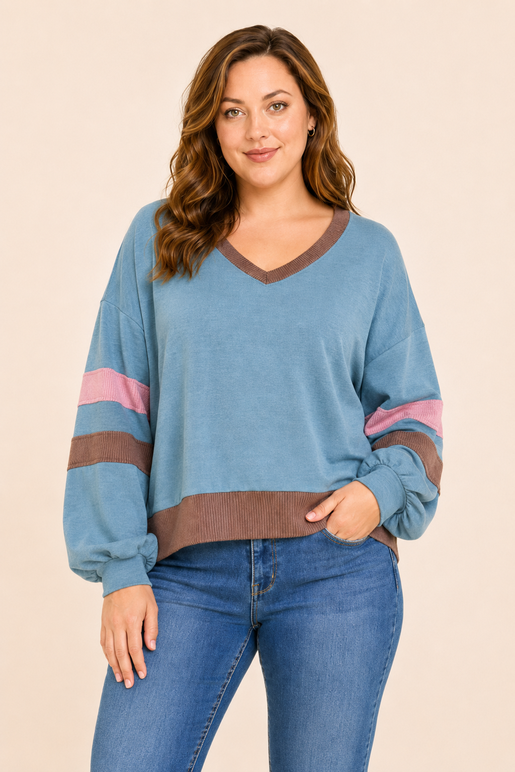 Plus Size Colorblock Stripe V-Neck Knit Pullover: Purple / Plus Size / 2XL