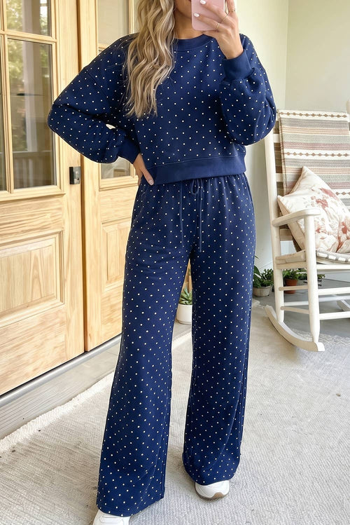 66 Plus Size Polka Dot Drawstring Top and Pants Set (S-4X): Brown / 1X