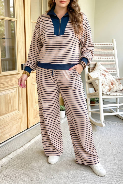 66 Striped Colorblock V Neck Plus Size Set (1X-4X): Pink Stripe / Plus-2X