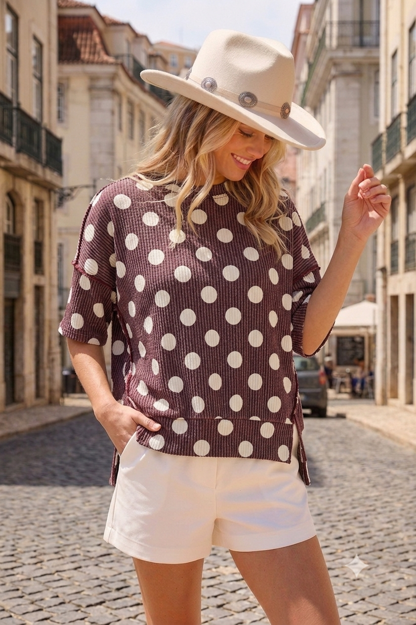 Women’s Plus Polka Dot Rib Top – Relaxed Fit | Made in USA: Burgundy Polka / 1X