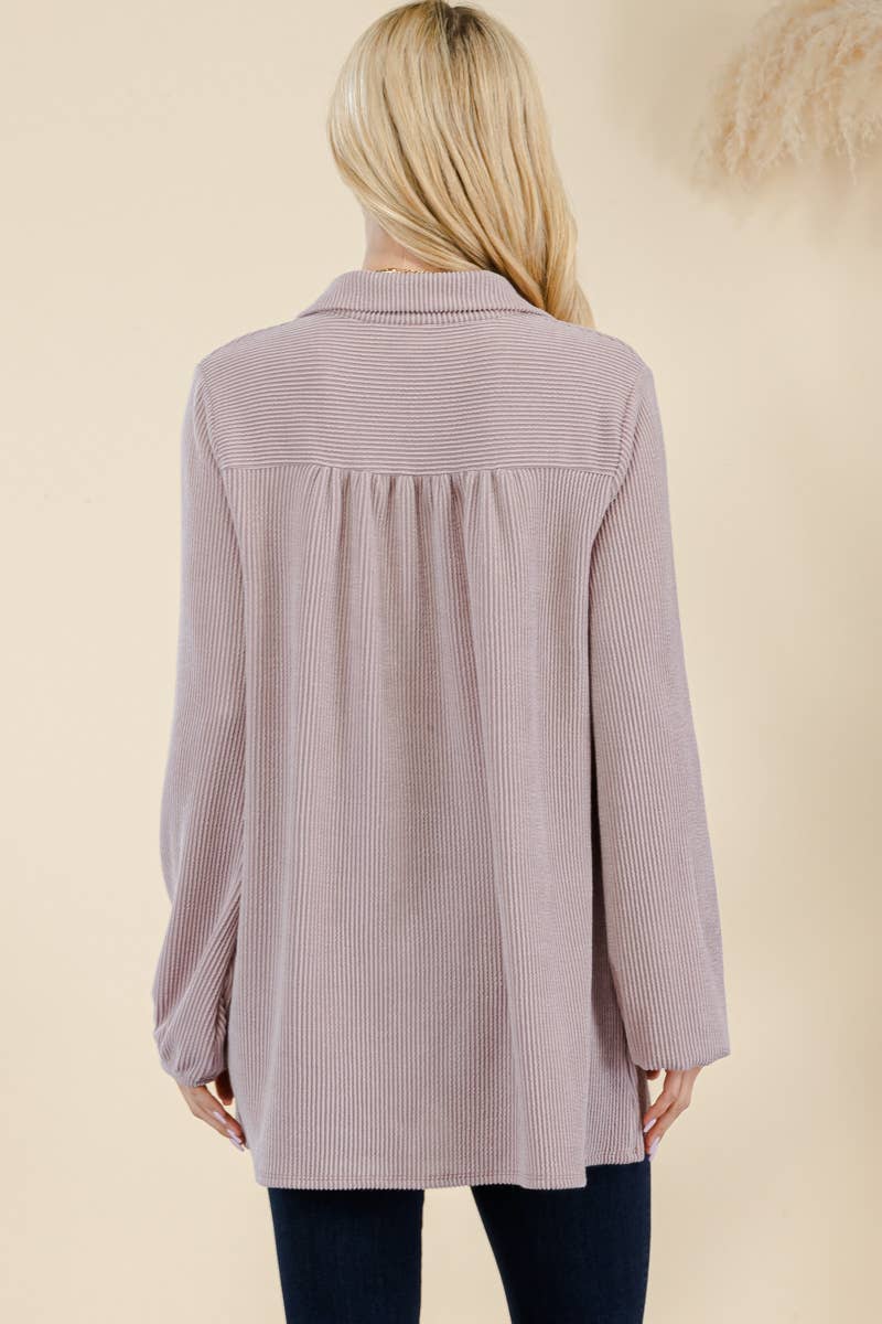 WOMEN'S PLUS SIZE CLASSIC V-NECK  RIB LONG SLEEVE TOP : Green / 3XL