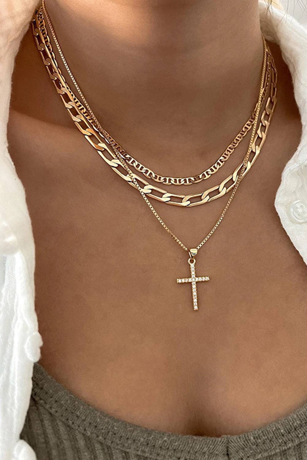 Gold Plated Cross Pendant Multi Layer Stacked Chains Necklace: Gold