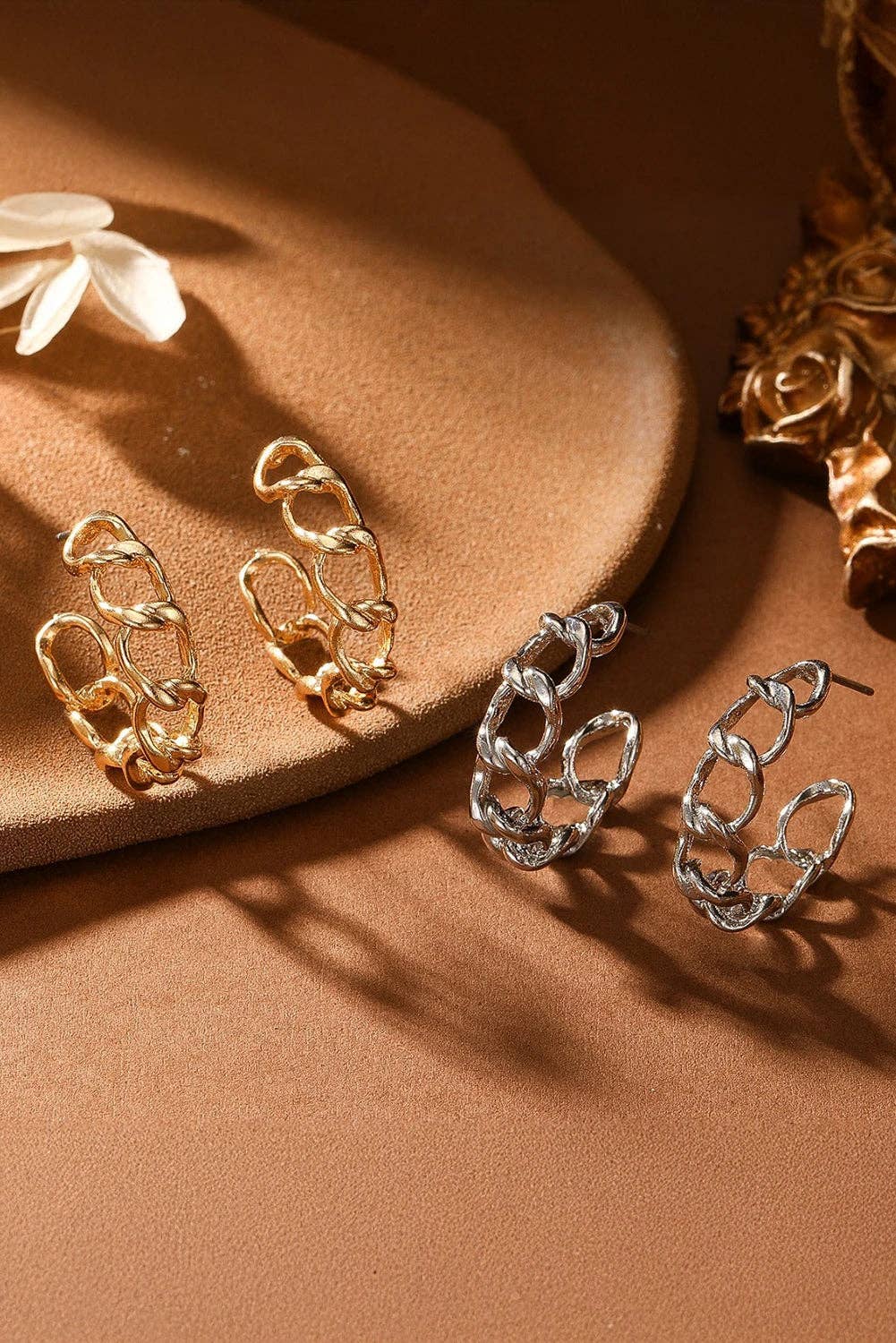 Gold Alloy Plated Round Hoop Chain Stud Earrings