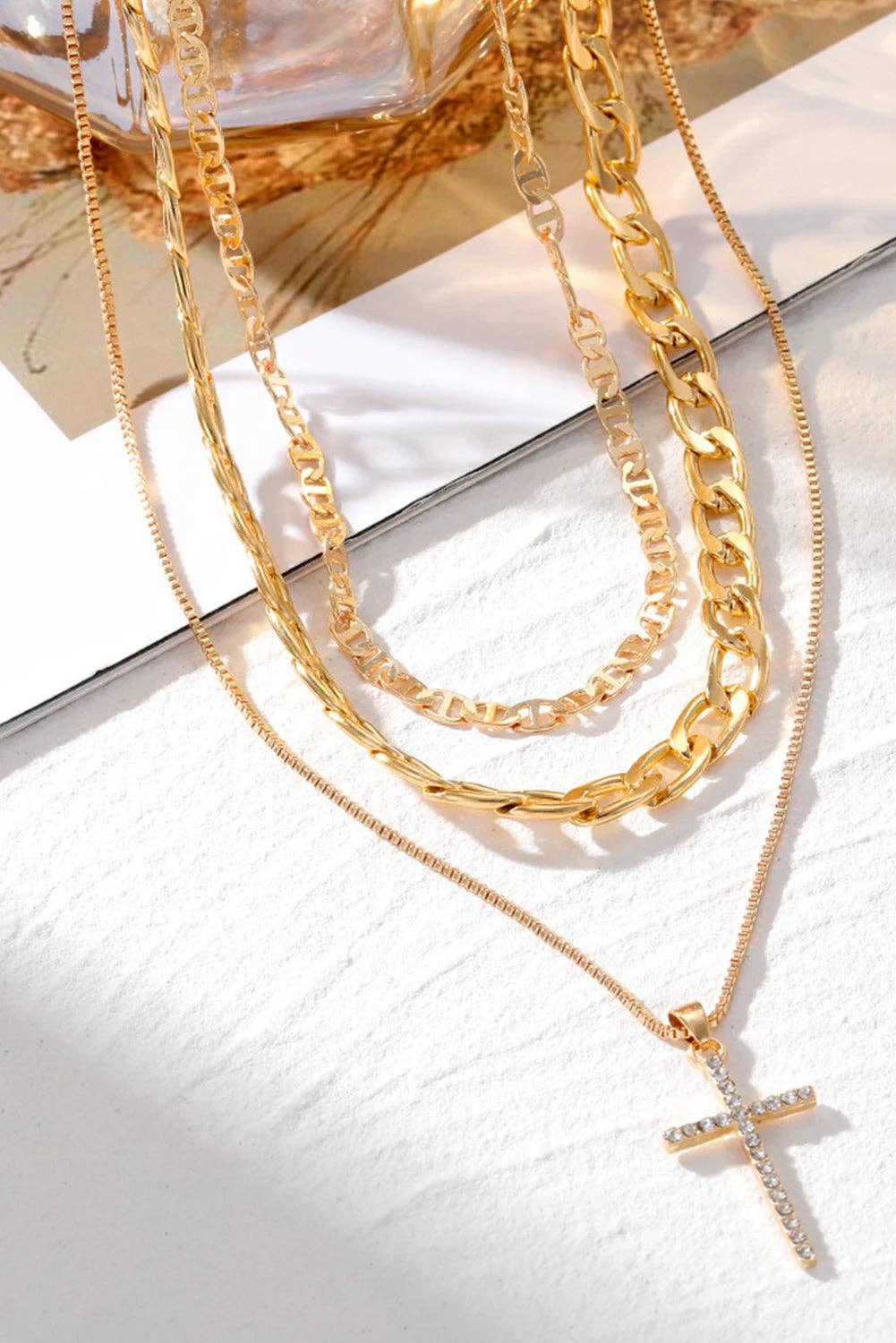 Gold Plated Cross Pendant Multi Layer Stacked Chains Necklace: Gold