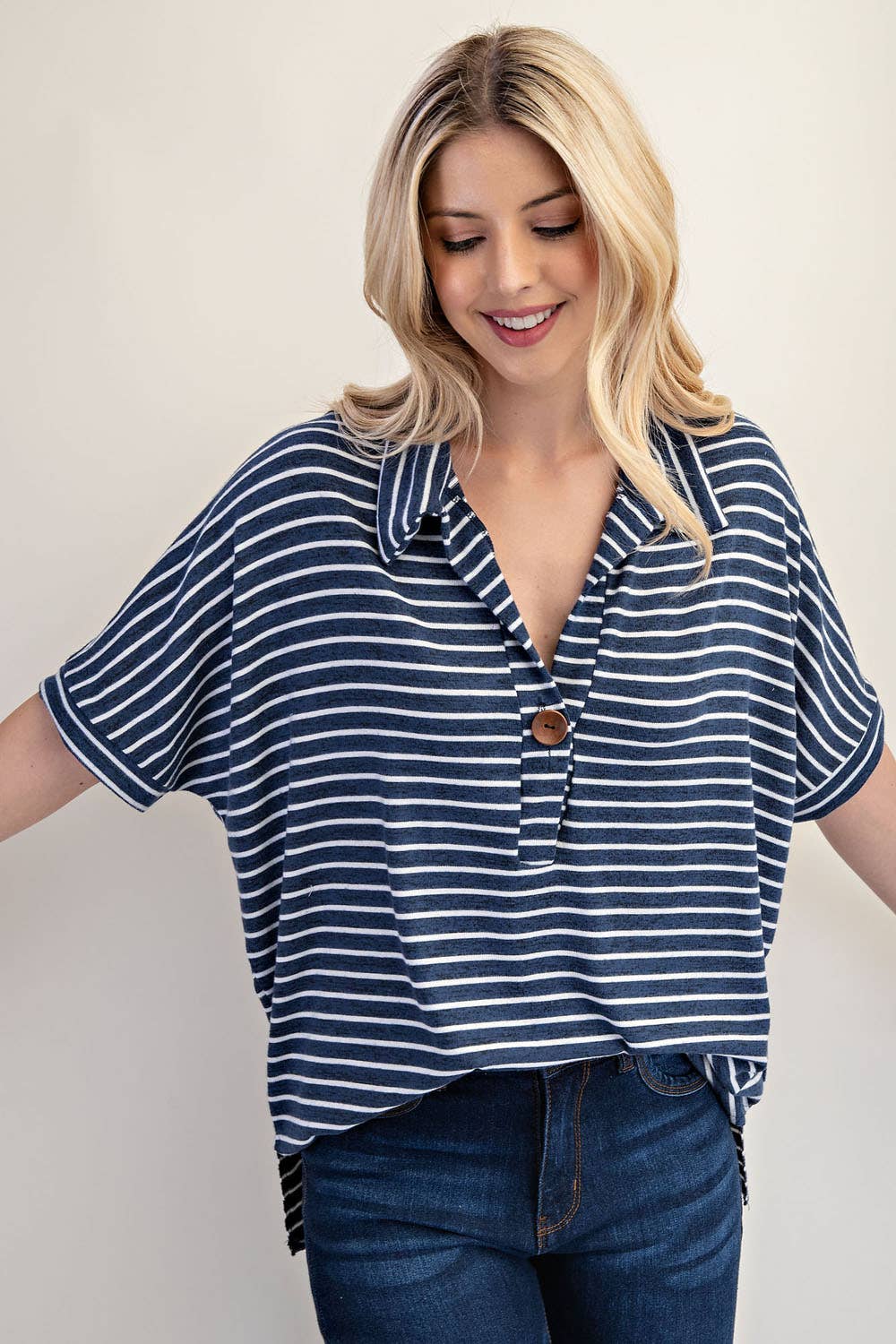 PLUS SIZE STRIPED BUTTON-FRONT COLLARED TOP -CT23913A: Charcoal Stripe / 1XL