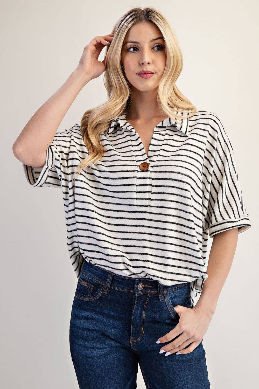 PLUS SIZE STRIPED BUTTON-FRONT COLLARED TOP -CT23913A: Charcoal Stripe / 2XL