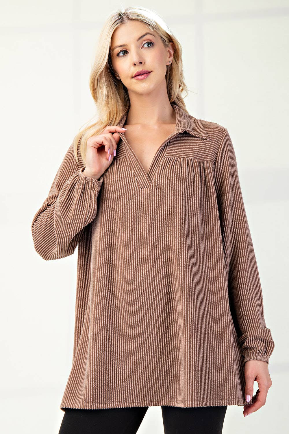 WOMEN'S PLUS SIZE CLASSIC V-NECK  RIB LONG SLEEVE TOP : Green / 3XL