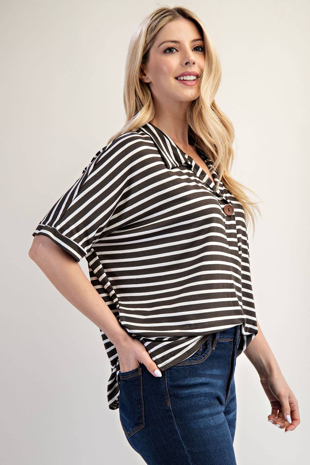 PLUS SIZE STRIPED BUTTON-FRONT COLLARED TOP -CT23913A: Charcoal Stripe / 2XL