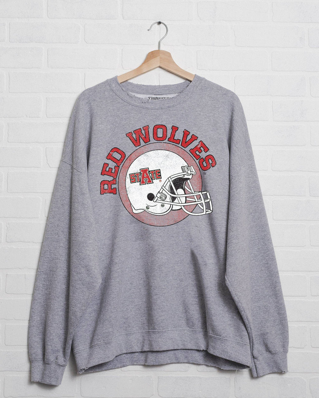 Arkansas State Red Wolves Helmet Circle Thrifted Sweatshirt: 2XL