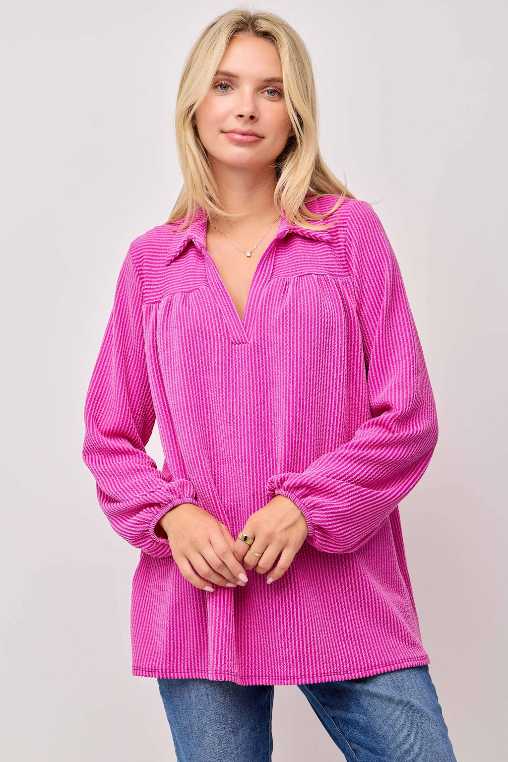 WOMEN'S PLUS SIZE CLASSIC V-NECK  RIB LONG SLEEVE TOP : Green / 3XL