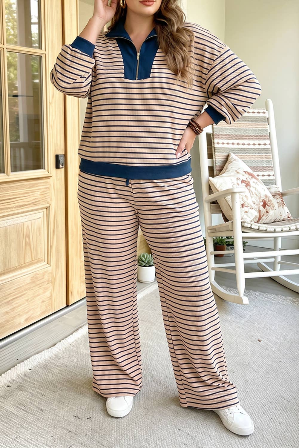 66 Striped Colorblock V Neck Plus Size Set (1X-4X): Pink Stripe / Plus-1X