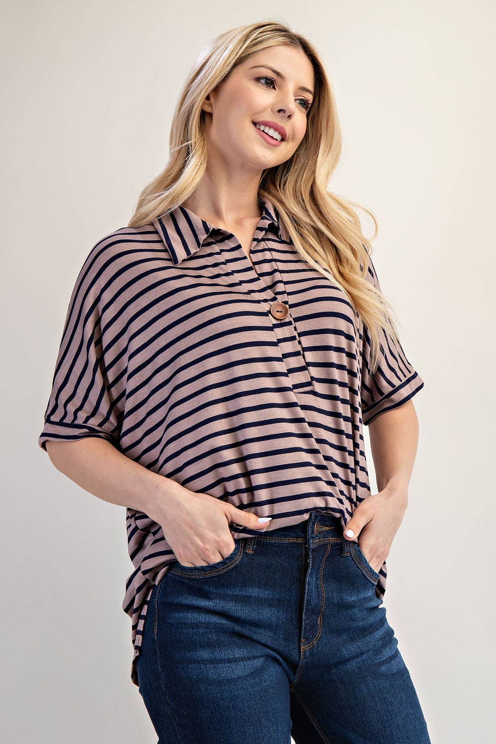 PLUS SIZE STRIPED BUTTON-FRONT COLLARED TOP -CT23913A: Charcoal Stripe / 2XL