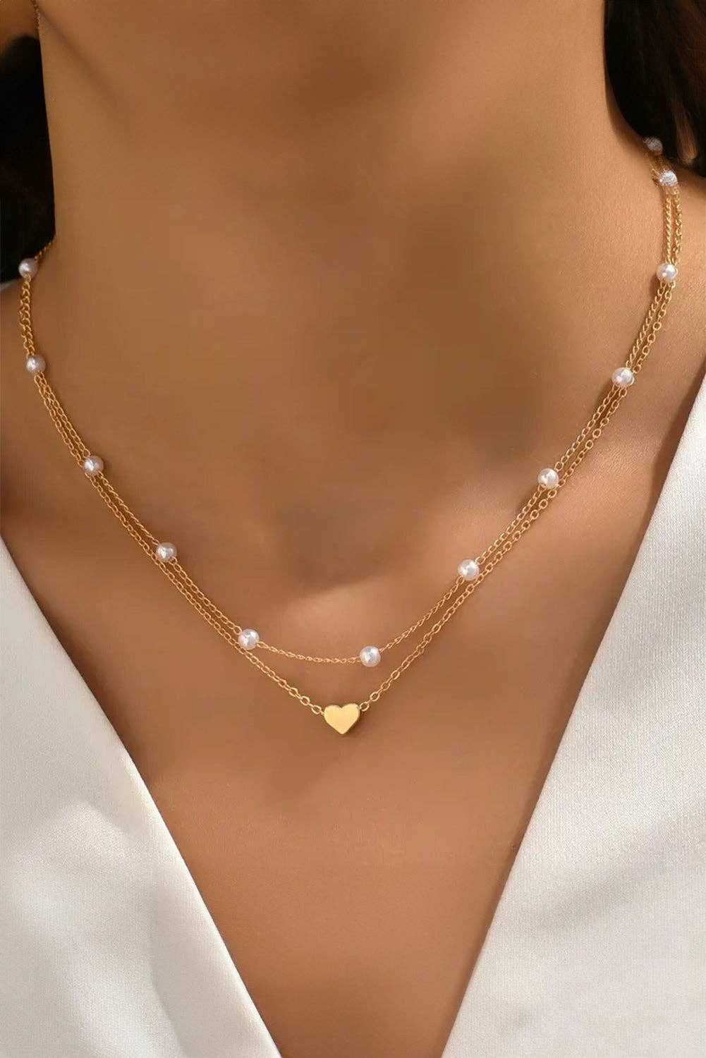Gold Plated Heart and Pearl Detail 2pcs Layered Necklace: Gold