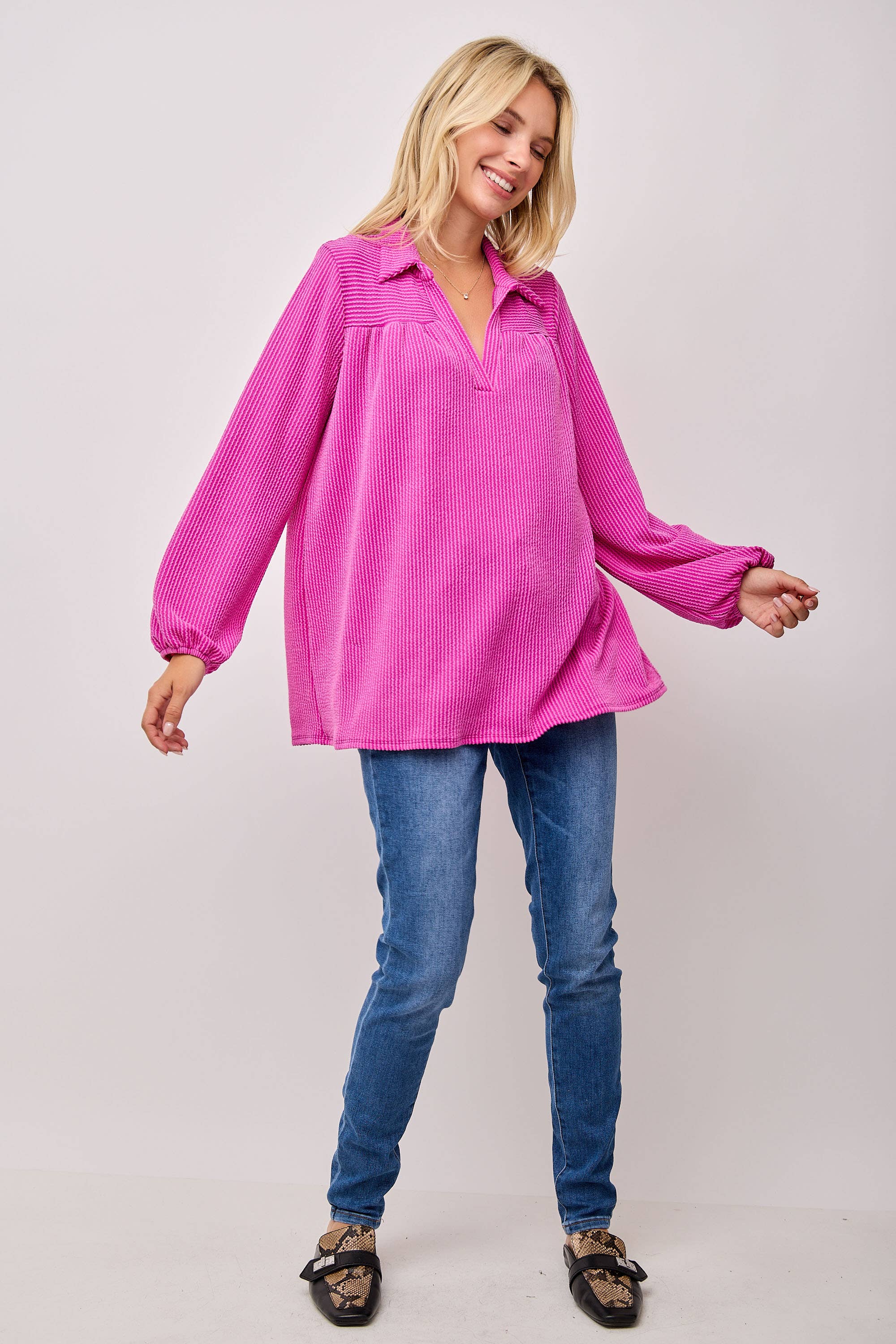 WOMEN'S PLUS SIZE CLASSIC V-NECK  RIB LONG SLEEVE TOP : Green / 3XL