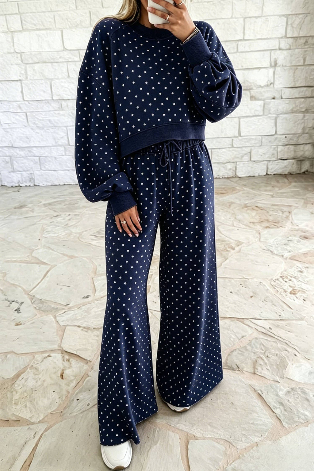 66 Plus Size Polka Dot Drawstring Top and Pants Set (S-4X): Brown / 1X