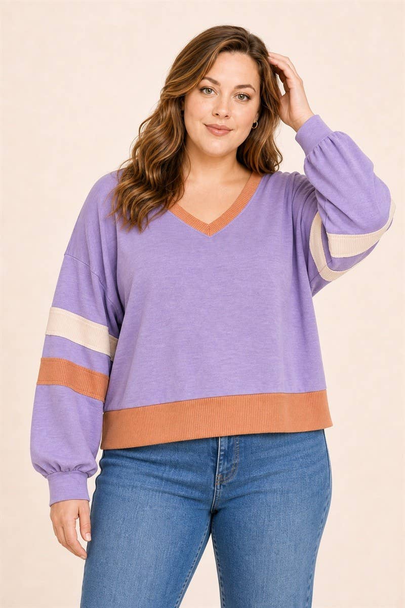 Plus Size Colorblock Stripe V-Neck Knit Pullover: Purple / Plus Size / 1XL