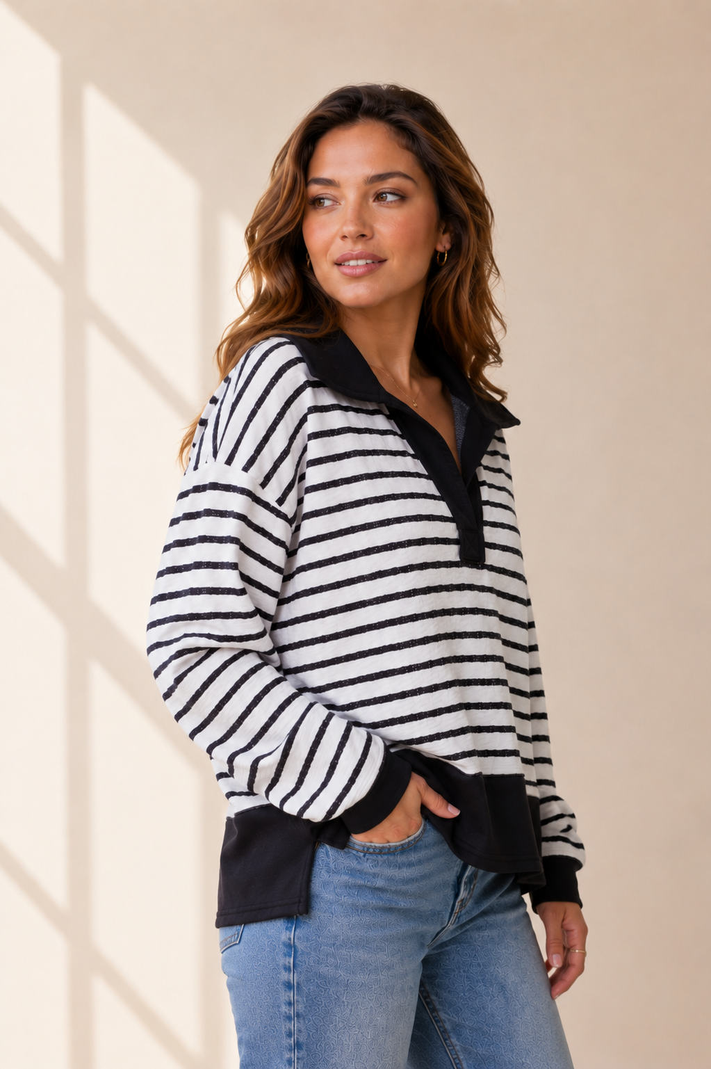Plus size Striped Knit Polo Pullover with Contrast collar: Black / Plus Size / 3XL